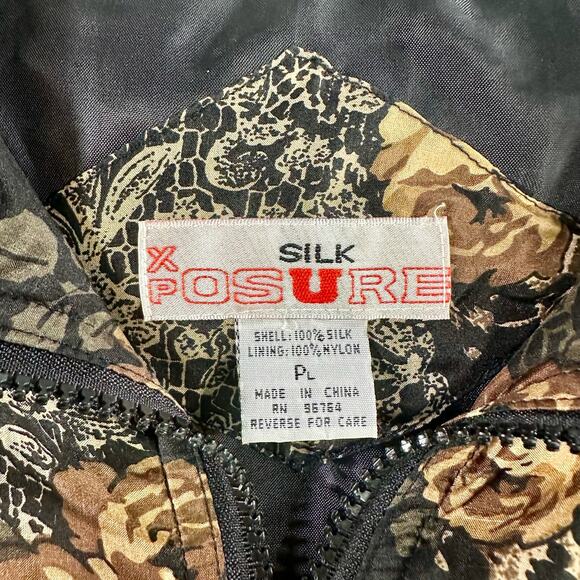 100% Silk Xposure VTG Women's PL Petite Large Black Tan Floral Full Zip Jacket - Picture 3 of 8
